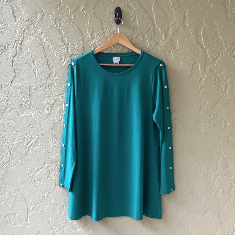 Chico's Women's Size 3 Green XL Pima Cotton Button Sleeve Shirt Tunic Top NWOT